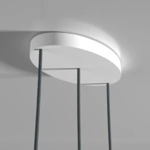 Detailed view of the Kaluma KIVO Trio Oval Cable Canopy crafted from sustainable PLA installed on a ceiling with the cables.