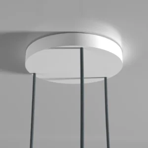 Detailed view of the Kaluma KIVO Trio Round Cable Canopy crafted from sustainable PLA installed on a ceiling with the cables.